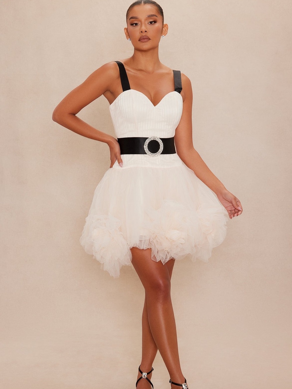 NWT Strapless Sweetheart Blush Tulle Mini Dress with Black Belt